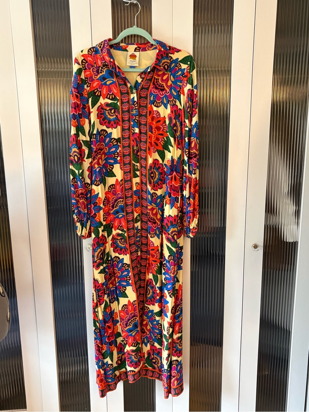 Farm Rio x Anthropologie Cream Maxi Dress with Red, Blue & Green Floral Motif